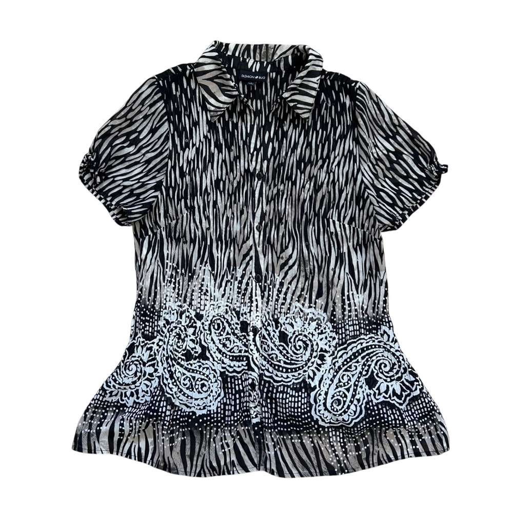 Vintage Y2K Zebra‎ Paisley Sequin micro pleated Blouse L Short Sleeve plisse